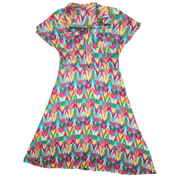 Italian Silk Geometric Pattern Shirt Dress - Size M - Picture 11 of 13